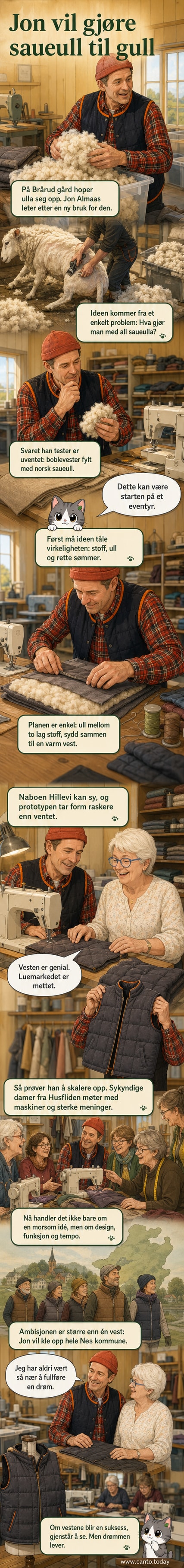 Jon Almaas står i en gårdsmiljø med en halvsydd vest i hendene, omgitt av symaskiner og syende damer.