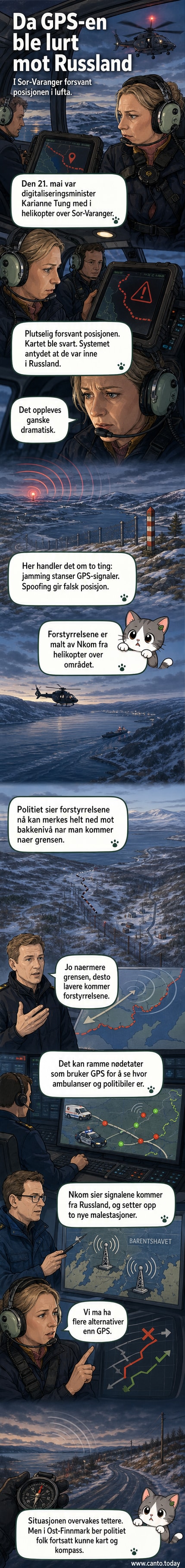 Digitaliseringsminister Karianne Tung og representanter fra Nkom og politiet måler GPS-forstyrrelser fra et helikopter over Sør-Varanger, med svart kartskjerm og blinkende advarsler.