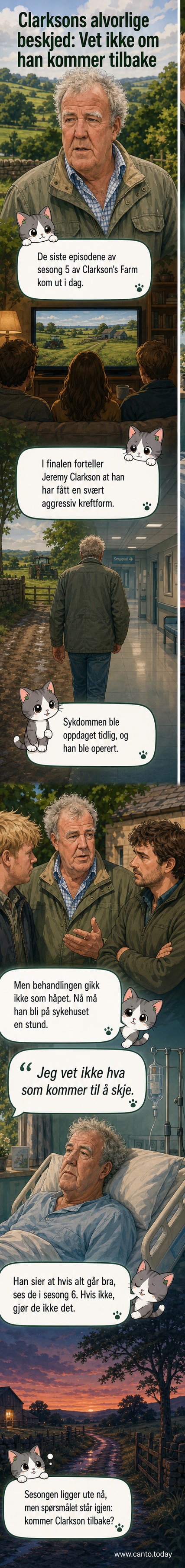 Jeremy Clarkson står alene på gården med alvorlig mine, bakgrunnen viser nedbørd og grå himmel.