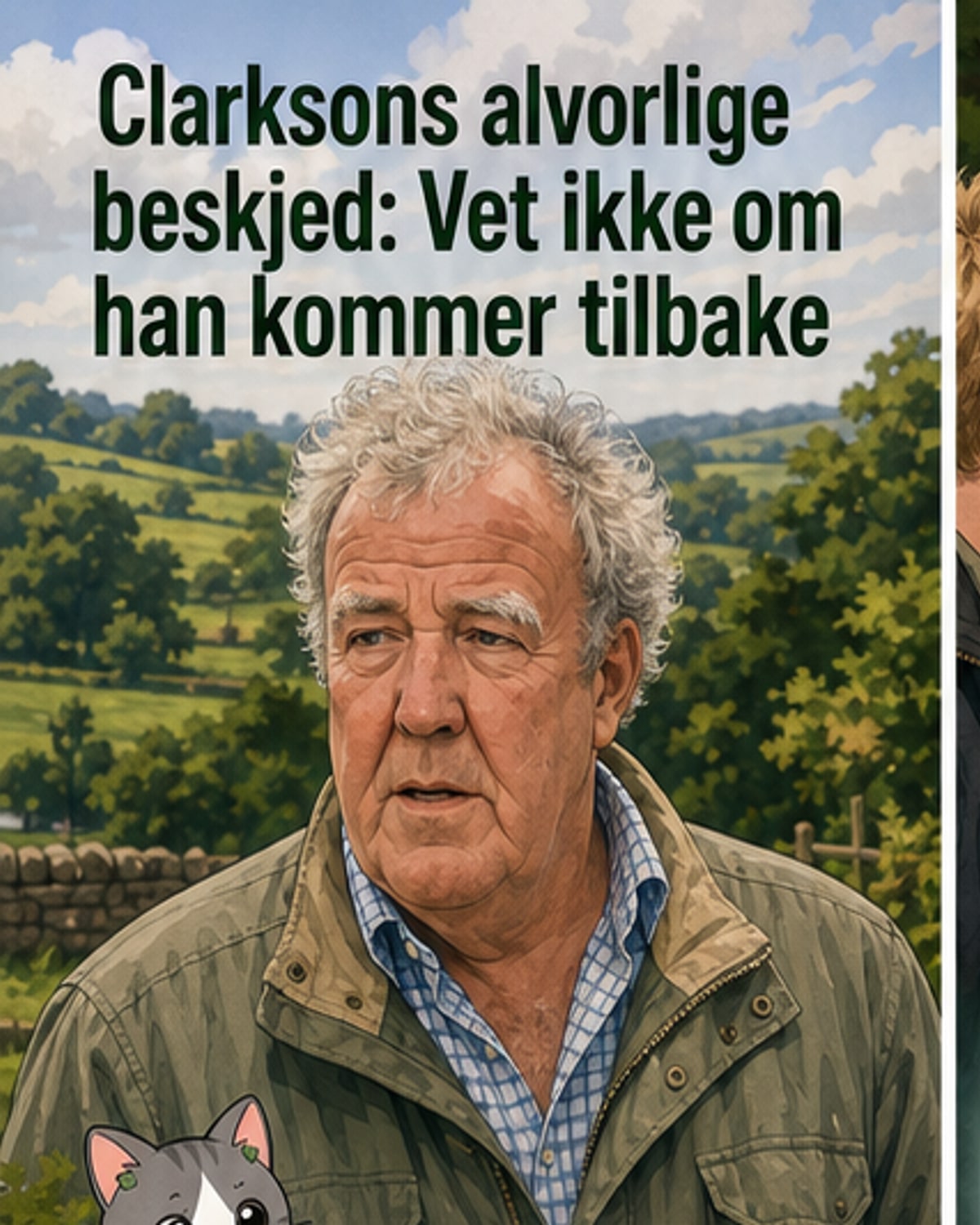 Jeremy Clarkson står alene på gården med alvorlig mine, bakgrunnen viser nedbørd og grå himmel.