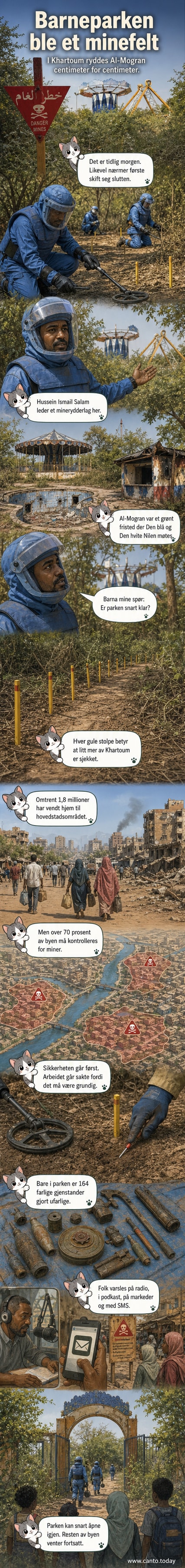 Mineryddere i blå vernedrakter og med pleksiglass over ansiktet kryper sakte fremover på knærne i en overvåkset park langs elva i Khartoum.