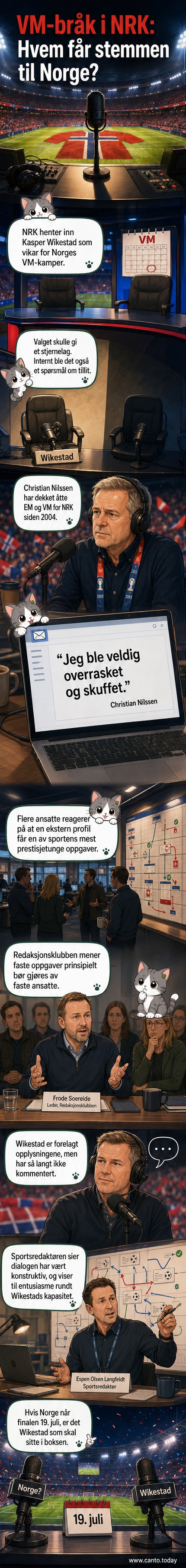 Illustrasjon av NRK-studio med to kommentatorer i boksen, hvor den ene vinker av seg mens den andre tar plass.