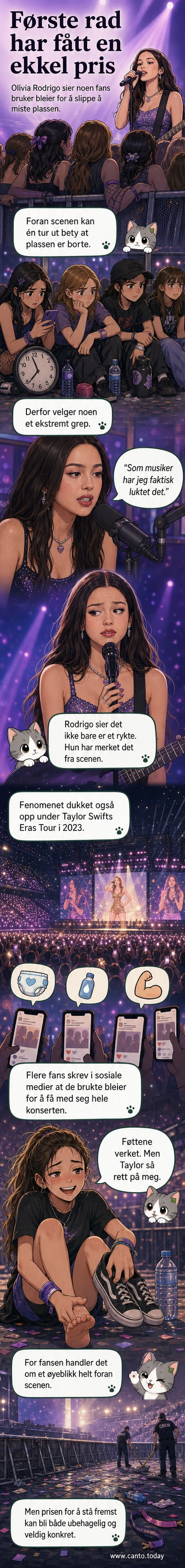 Illustrasjon av fans som står på første rad ved en konsert, noen med bleier, mens artisten spiller på scenen