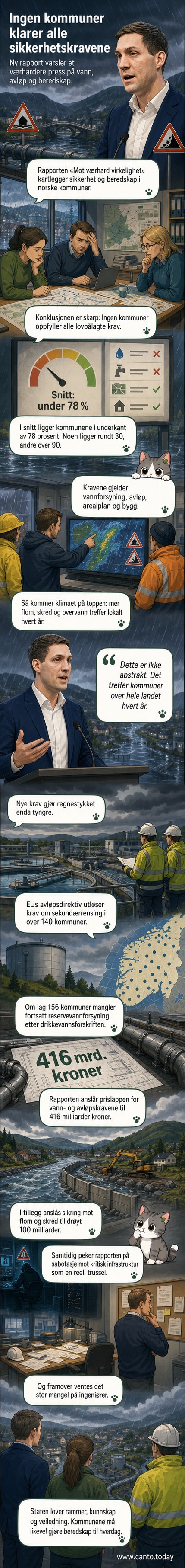 Illustrasjon av en norsk kommune med flomutsatte bygninger, brudd i vannledninger og advarselsskilt for overvann, mens skyggen av klimaendringer henger over landsbyen.