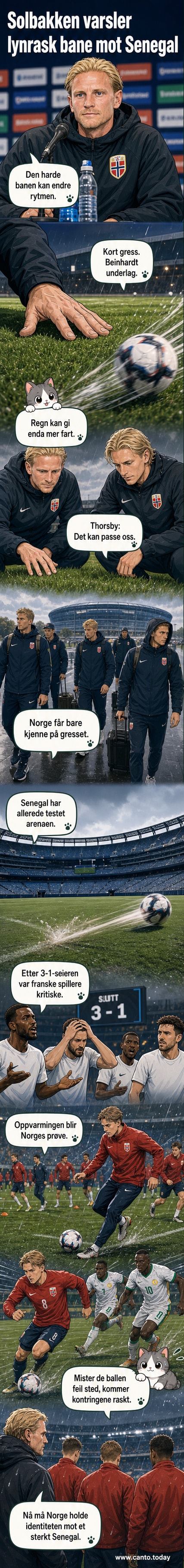 Norges landslagssjef Ståle Solbakken og spiller Morten Thorsby står på MetLife Stadiums hårde gressbane under en kort inspeksjon før kamp mot Senegal.