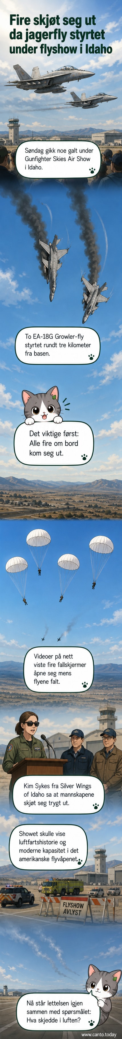 To militærfly styrter mot bakken mens fallskjermene til besetningen fløy i luften over Idaho.