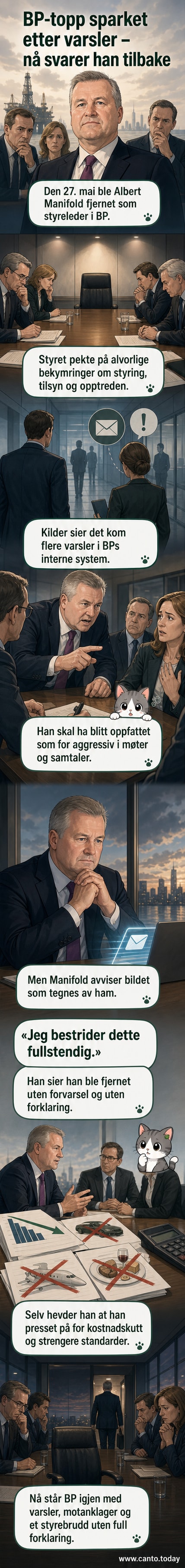 Illustrasjon av en mann i dress som forlater et kontorbygg med koffert, mens kolleger ser på fra vinduer. Tekst: 'Sparket BP-styreleder slår tilbake mot selskapet.'