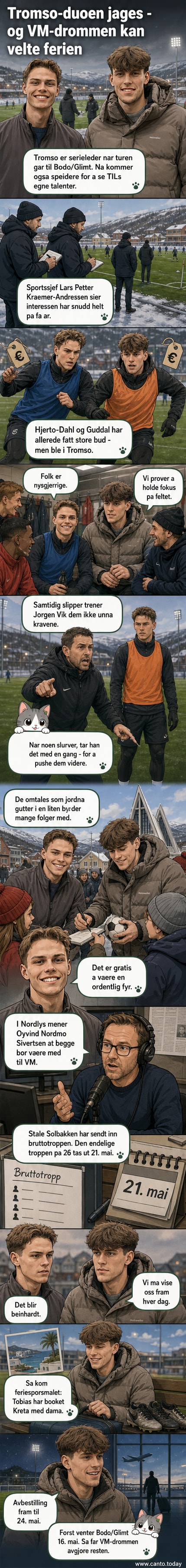To unge fotballspillere, Jens Hjertø-Dahl og Tobias Guddal, feirer sammen på gresset etter en scoring. Bakgrunnen viser et fullsatt stadion i Tromsø.