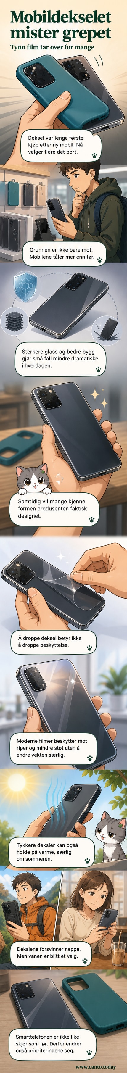 En moderne smarttelefon vises uten deksel, med en tynt beskyttelseslag over skjermen og bakdekselet, sammenliknet med en eldre telefon i et tykt, bulkete deksel.