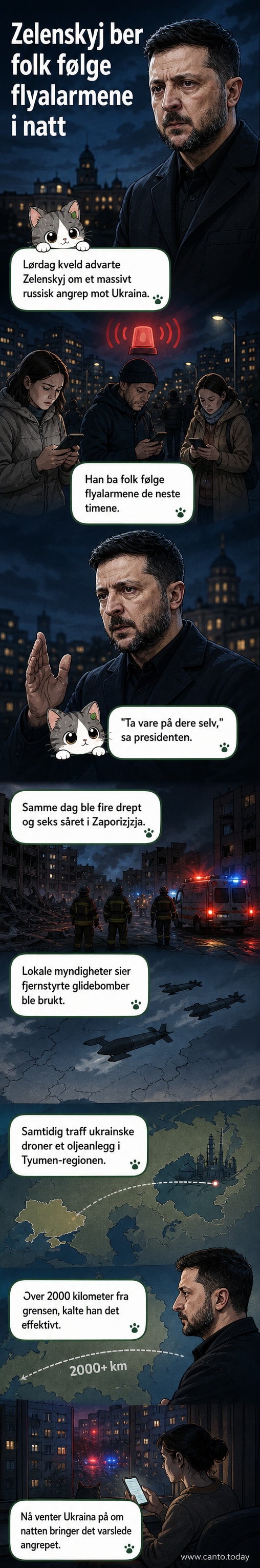 President Zelenskyj taler alvorlig til kameraet, med tekstgrafikk som advarer om et planlagt massivt angrep fra Russland natt til søndag.