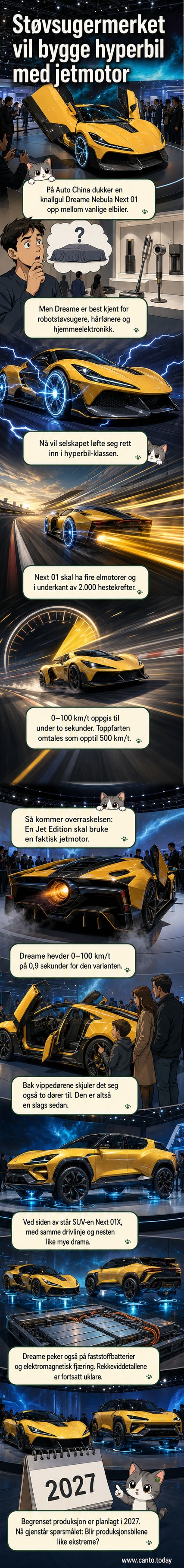 En knallgul elektrisk hyperbil og en høy, kraftfull SUV fra Dreame Technology står side ved side på en bilutstilling, omgitt av nysgjerrige besøkende og spotlys.