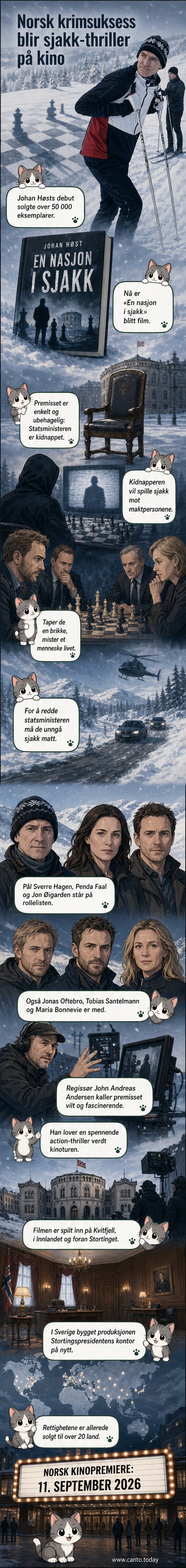 Offisiell filmplakat for 'En nasjon i sjakk' med mørk bakgrunn, en stor sjakkbrikke i forgrunnen og skuespillere i skygge bak, inkludert Pål Sverre Hagen og Maria Bonnevie