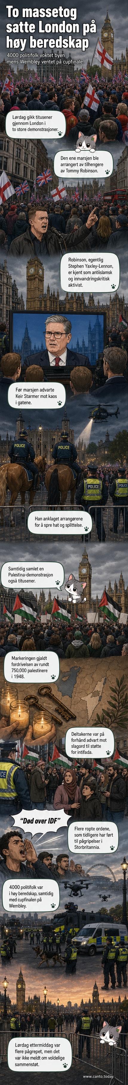 Fotografi fra London med store menneskemengder i gatene, politi i fullt utstyr, og bannere med motstridende budskap fra høyreekstreme og Palestina-støtende demonstranter.