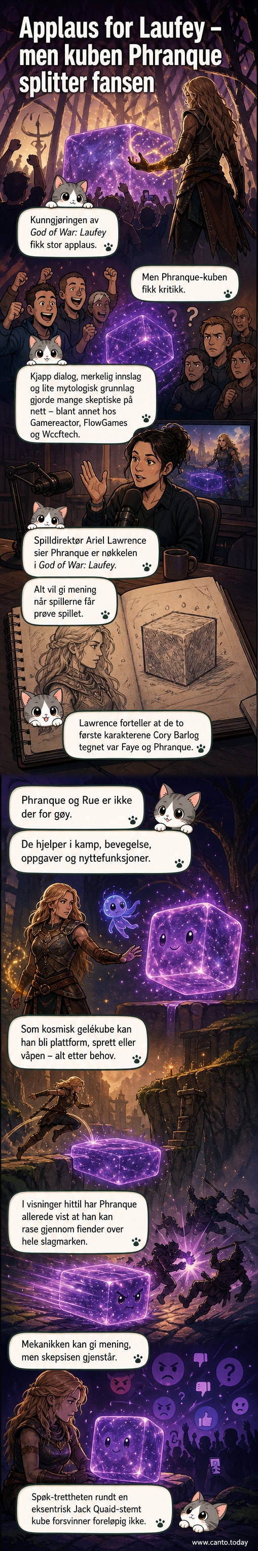 Illustrasjon av Phranque, en stor, glitrende gelékube med ansikt, i en mytisk nordisk landskap med Kratos i bakgrunnen.