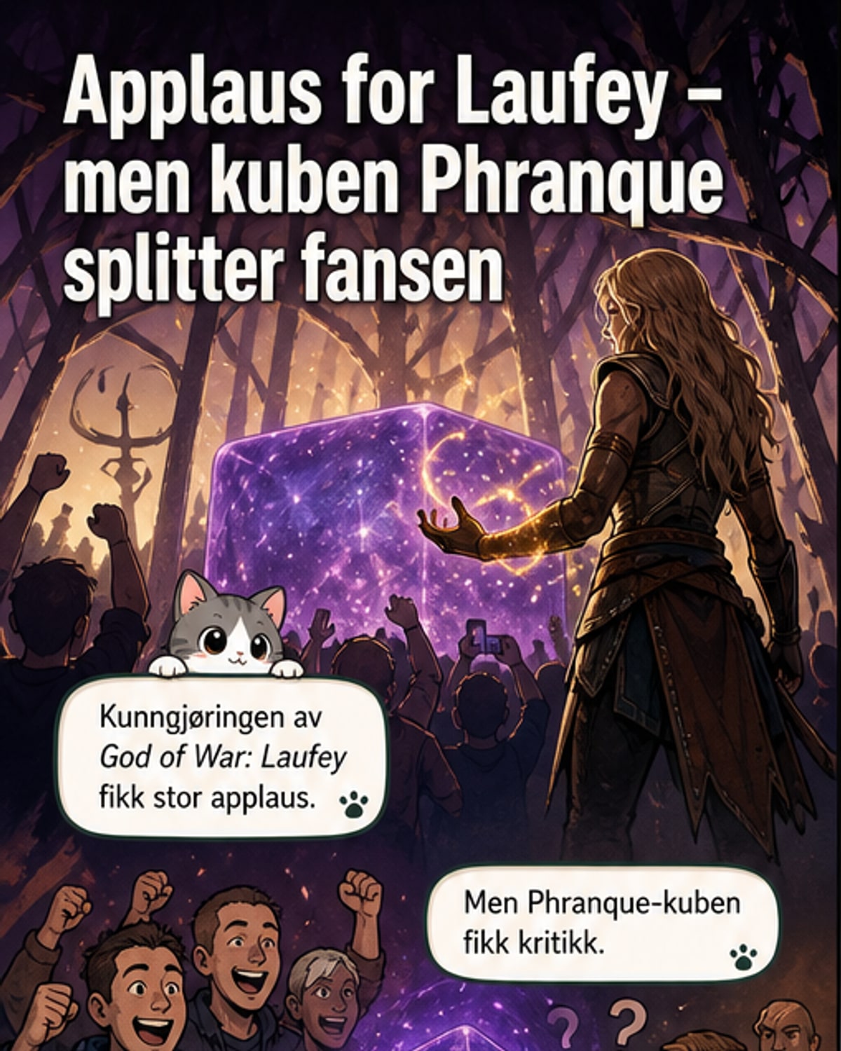 Illustrasjon av Phranque, en stor, glitrende gelékube med ansikt, i en mytisk nordisk landskap med Kratos i bakgrunnen.