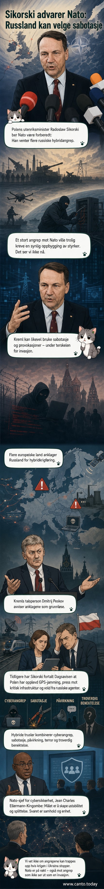 Polens utenriksminister Radoslaw Sikorski taler til pressen, med NATO-flagg i bakgrunnen, mens han advarer mot russiske hybride angrep.