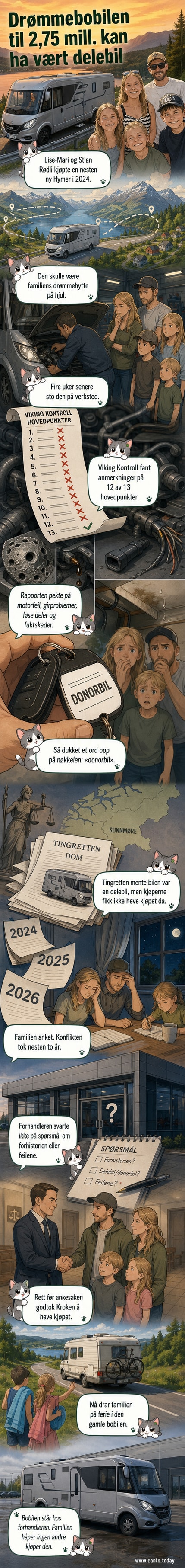 Illustrasjon av en stor bobil med skilt «donorbil» på nøkkelknippet, omgitt av tekniske rapporter og verkstøysymboler.