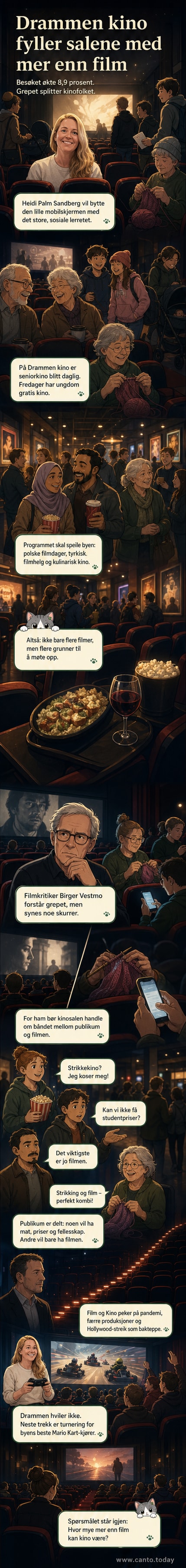 Kinosjef Heidi Palm Sandberg smiler stort i Drammen kino, omgitt av filmplakater og publikum som nyter en kulinarisk filmvisning.