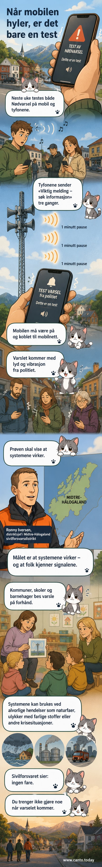 Illustrasjon av en norsk landsby med tyfon på toppen av en høy bygning, og mobiltelefoner i folkeshender som lyser opp med varslingsskjermer