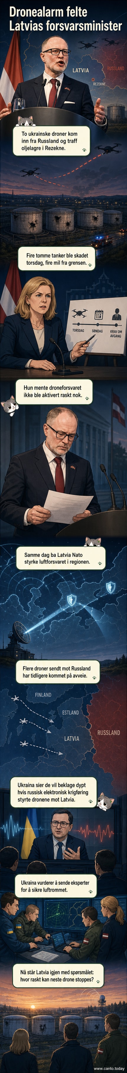 Illustrasjon av en dronetrøbbel ved et oljelager i Latvia, med militærfly over himmelen og en minister som går av.