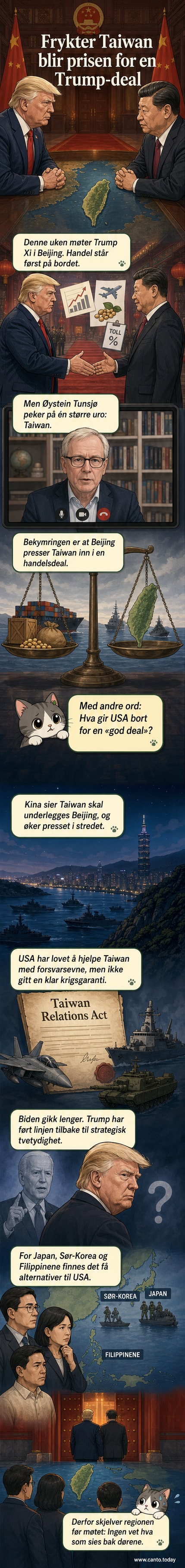 To ledere møtes ved et bord under et formelt toppmøte i Beijing, mens en kinesisk soldat står i bakgrunnen og ser mot Taiwan på en kartskjerm.
