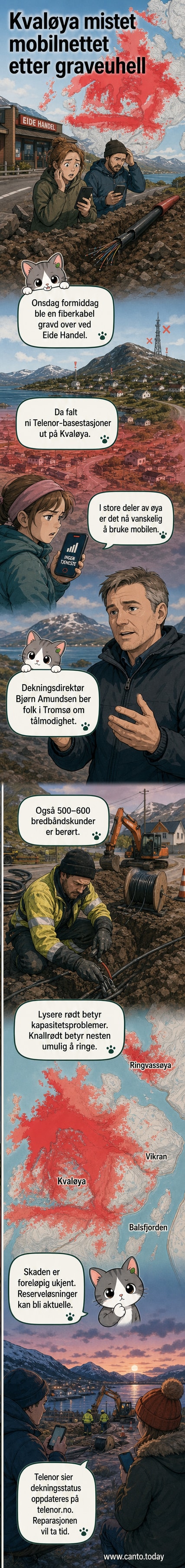 Kart over Kvaløya med røde områder som viser hvor mobildekning er borte eller svekket etter fiberkabelskade.