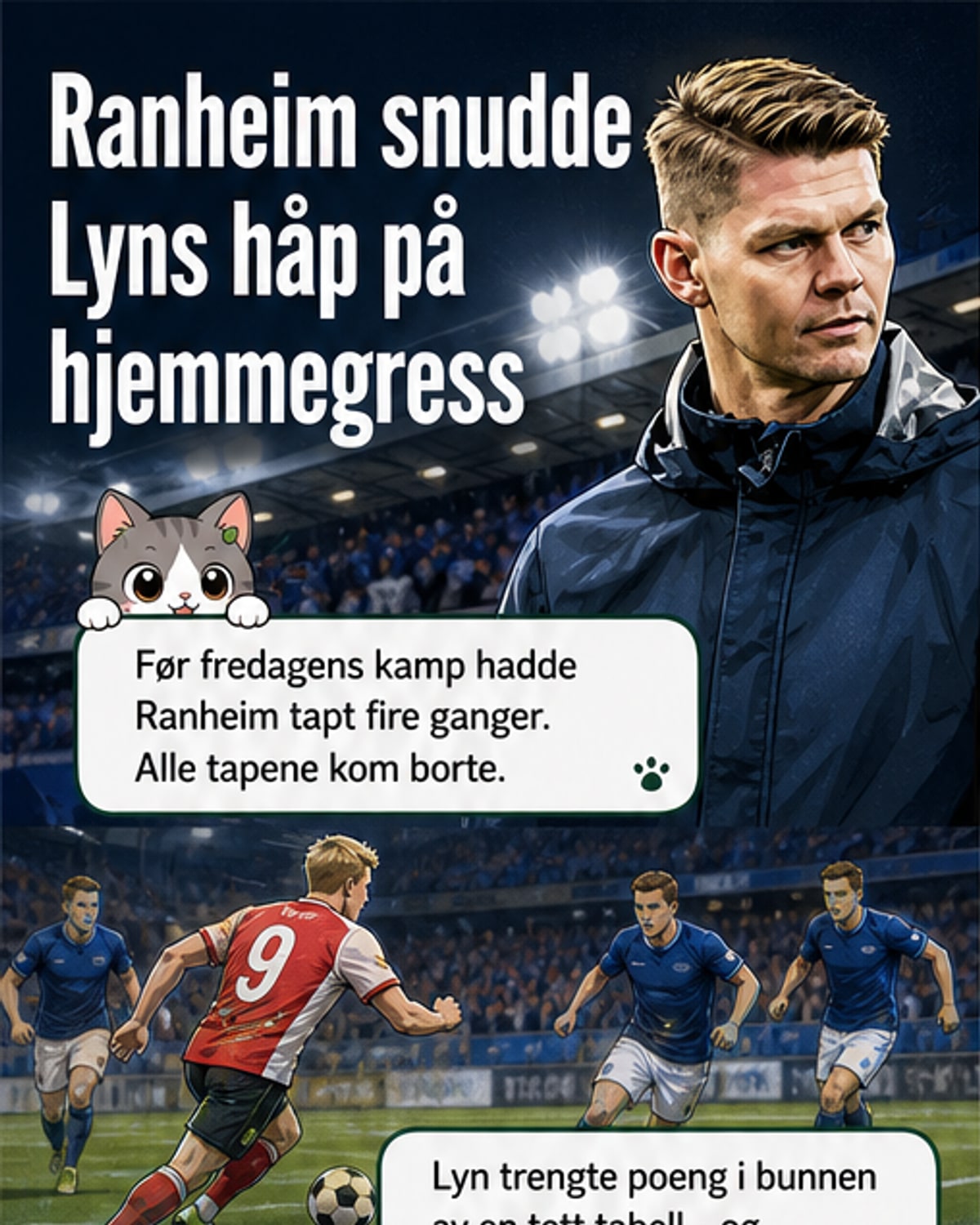 Fotballspillere fra Ranheim og Lyn kolliderer i en duell under et regnby på Stavberget stadion.
