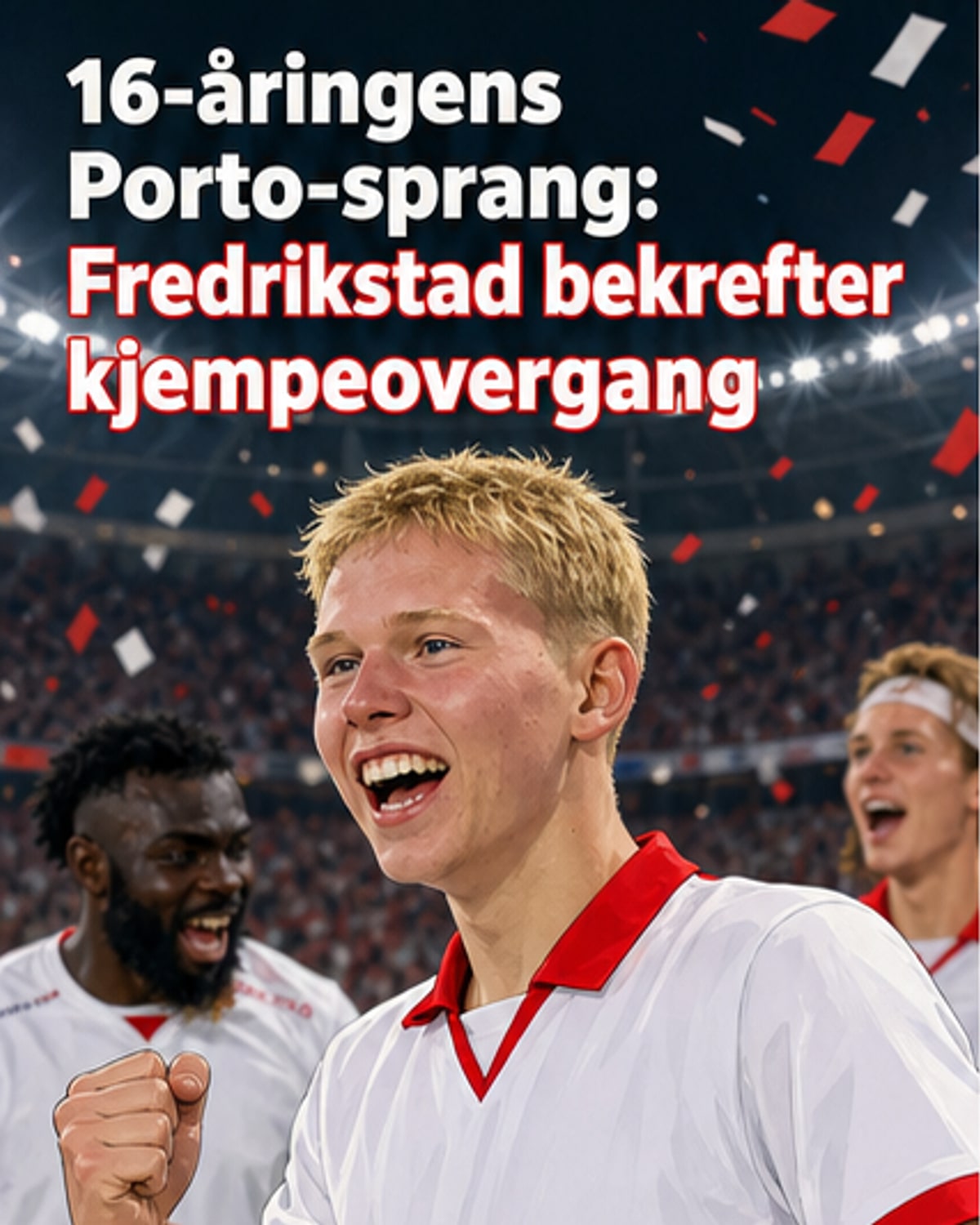 Illustrasjon av fotballspiller Eirik Granaas i drakt for FC Porto, med Fredrikstad-logo i bakgrunnen og Champions League-stjerner over hodet.