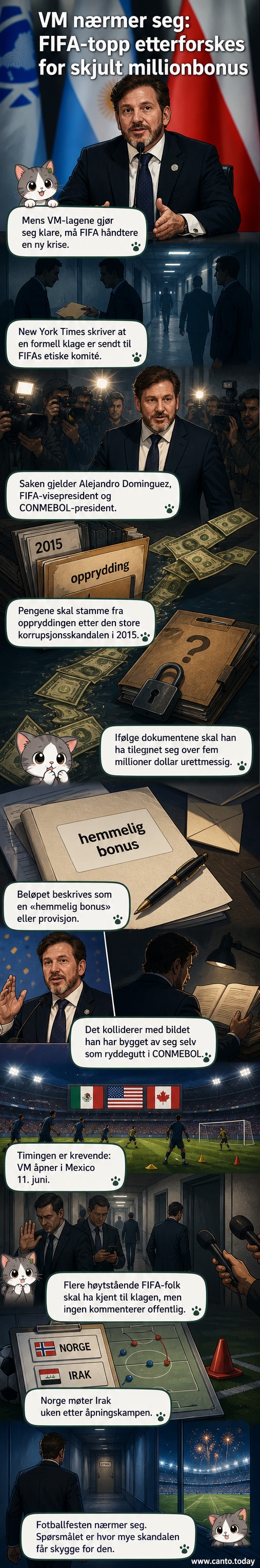 Illustrasjon av en fotball med FIFA-logoen delvis dekket av penger og en svart silhuet av en lederfigur i silhuet