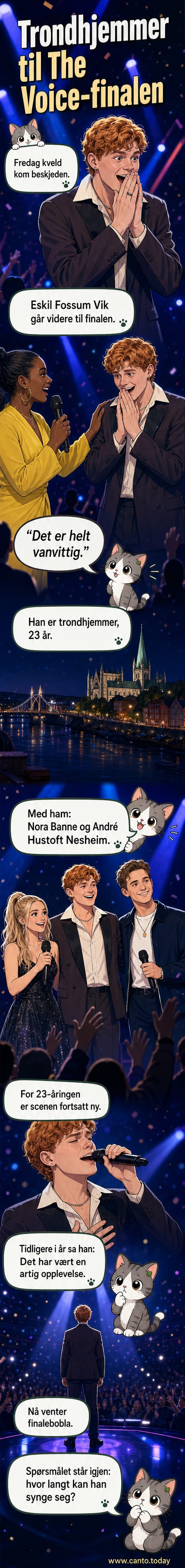 De tre finalistene fra Trondheim – Eskil Fossum Vik, Nora Banne og André Hustoft Nesheim – står smilende på scenen under The Voice.