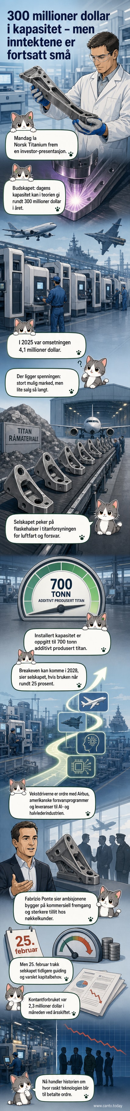 Illustrasjon av additivt produserte titandeler fra Norsk Titanium med fabrikk i bakgrunnen og grafisk fremstilling av vekstpotensial