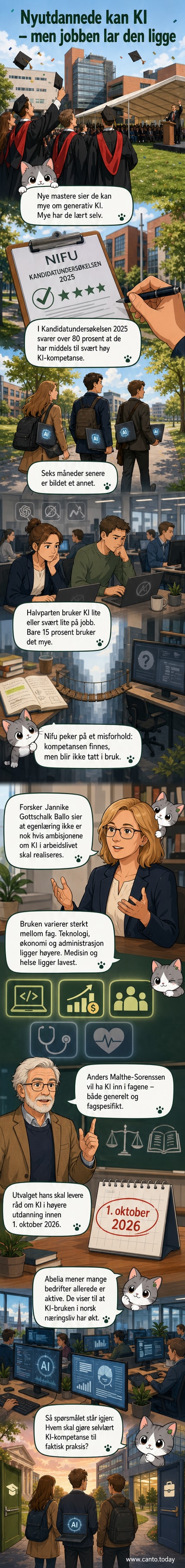 Illustrasjon av en nyutdannet person som holder en datamodell med KI-symboler, men står utenfor et kontorbygg der skiltet viser 'Ingen KI-bruk her'.