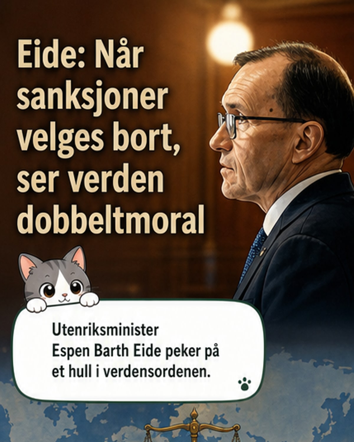 Illustrasjon av utenriksminister Espen Barth Eide som peker på en verdenskart der sanksjoner vises mot Russland, men ikke mot USA eller Israel.