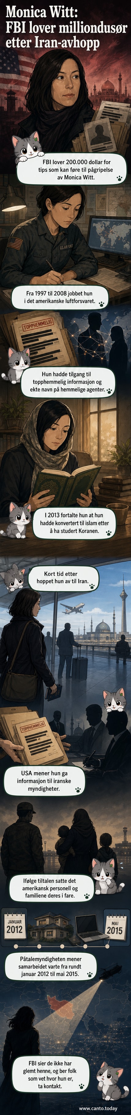 Illustrasjon av en kvinne med bakgrunn i militær etterretning, med tekst om dusør og flukt til Iran.