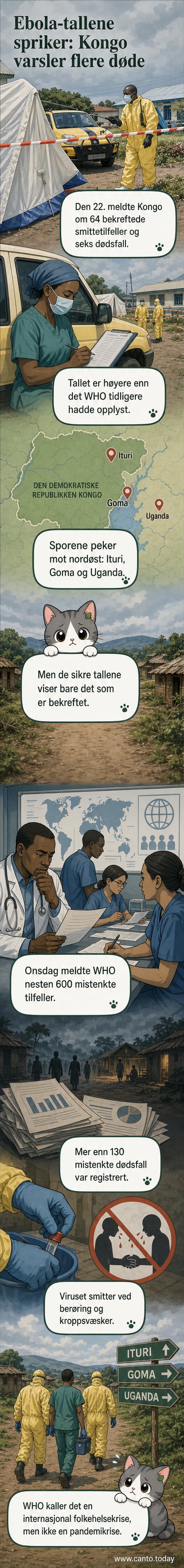 Illustrasjon av et helsearbeider i verneutstyr i et feltleir i Kongo, med kart over smitteområder i bakgrunnen.
