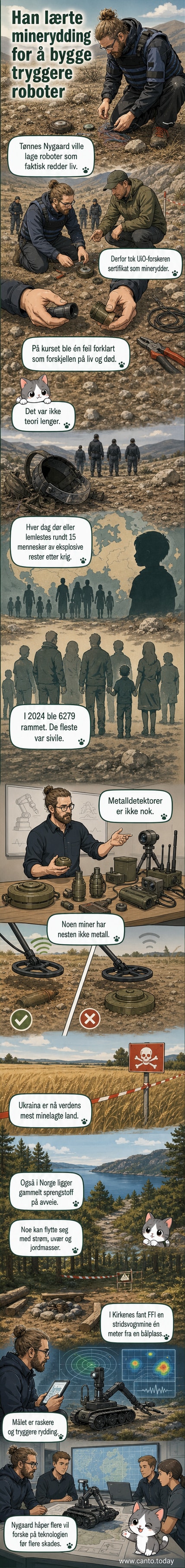 Professor Tønnes Nygaard står foran en utstilling av miner og eksplosiver uten sprengstoff, mens han forklarer hvordan roboter kan hjelpe i minerydding.
