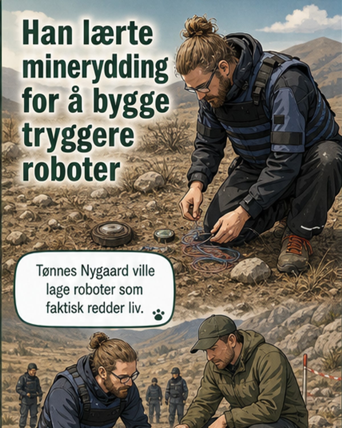 Professor Tønnes Nygaard står foran en utstilling av miner og eksplosiver uten sprengstoff, mens han forklarer hvordan roboter kan hjelpe i minerydding.