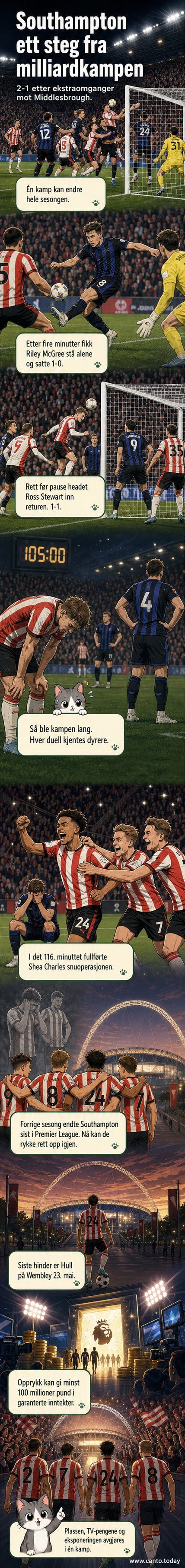 Fotballspillere feirer på gresset under regn, ett lag i rødt og hvitt, det andre i blått. Storskjerm viser 2–1.