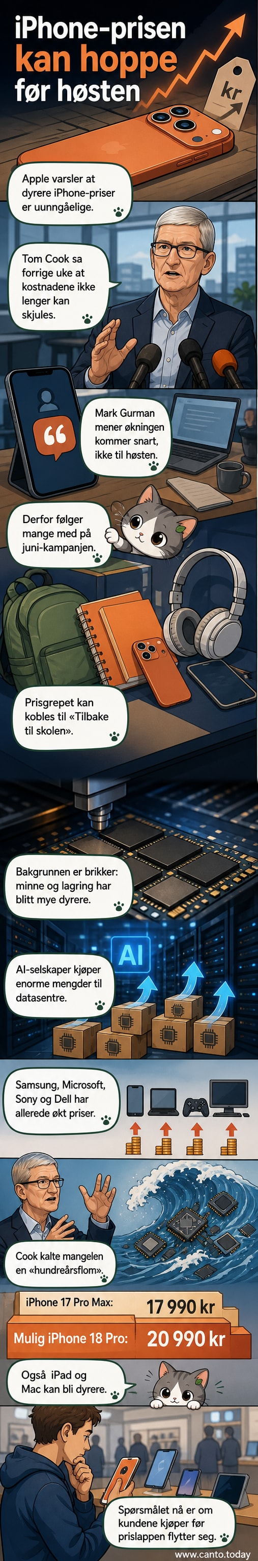 Illustrasjon av en iPhone med en pil som peker oppover mot et prismerke, med brikker og datastrømmer i bakgrunnen.