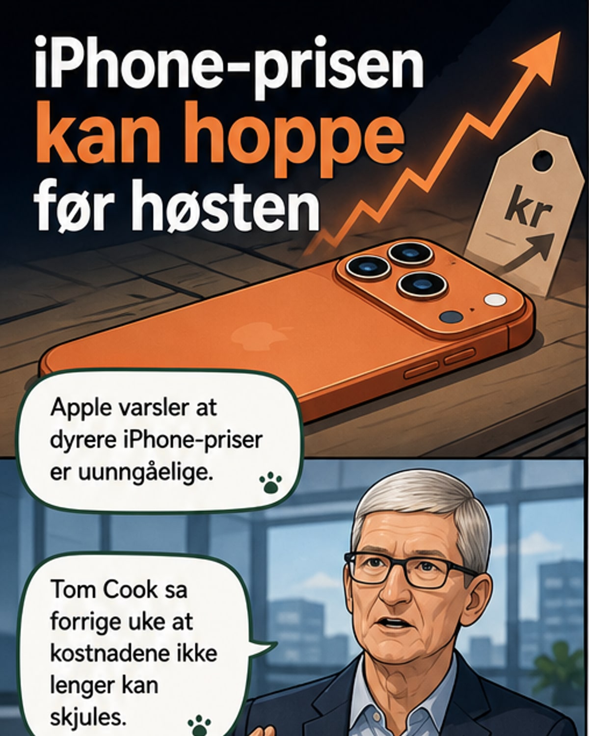 Illustrasjon av en iPhone med en pil som peker oppover mot et prismerke, med brikker og datastrømmer i bakgrunnen.