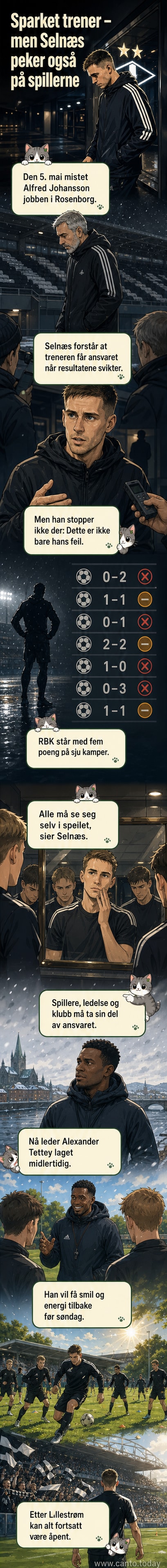 Ole Kristian Selnæs står alene på Lerkendal-stadion, ser alvorlig mot kamera, med regn og grå himmel i bakgrunnen.
