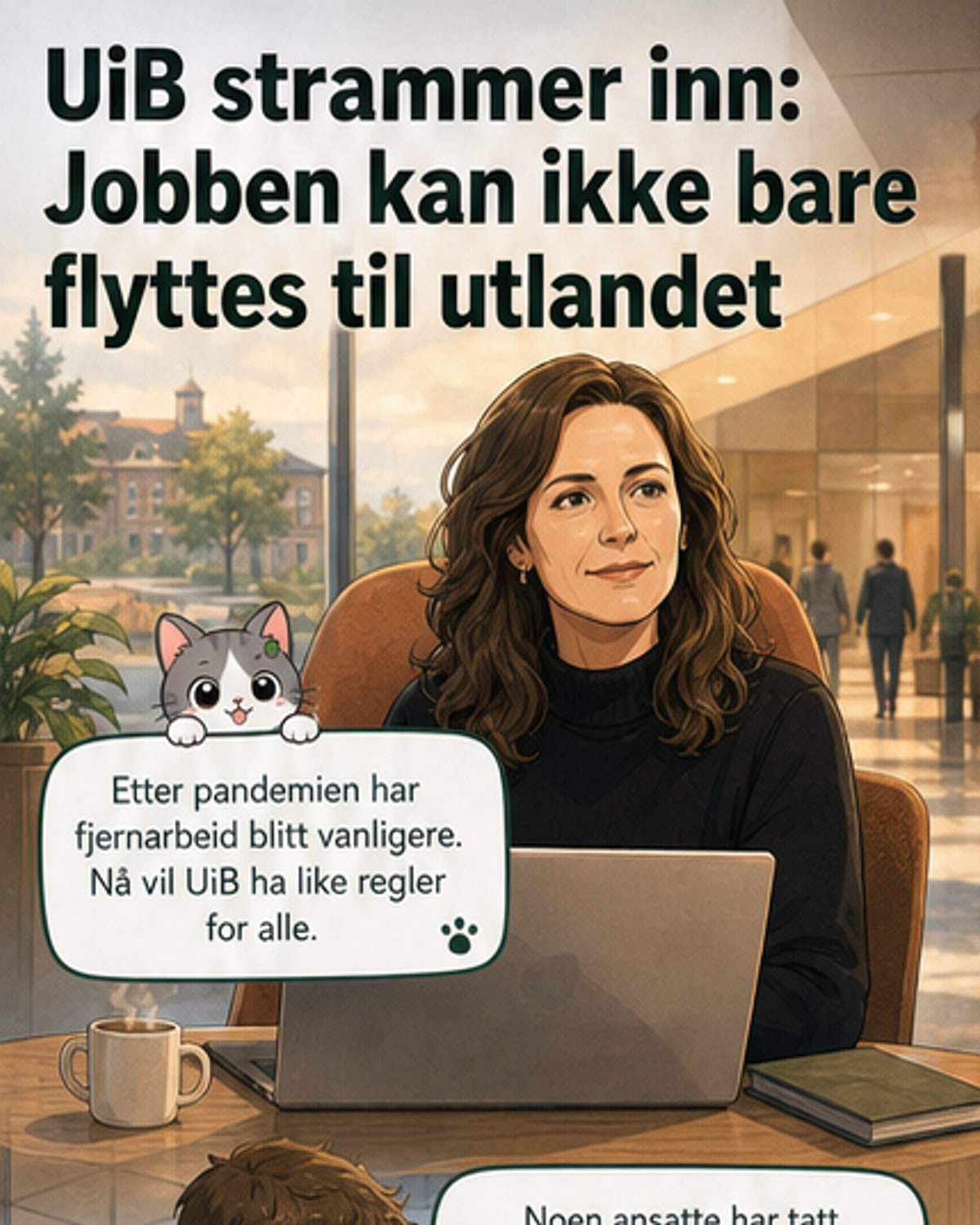 Illustrasjon av en ansatt som jobber fra en stol ved havet i utlandet, mens en kollega ser forundret på skjermen fra Bergen.
