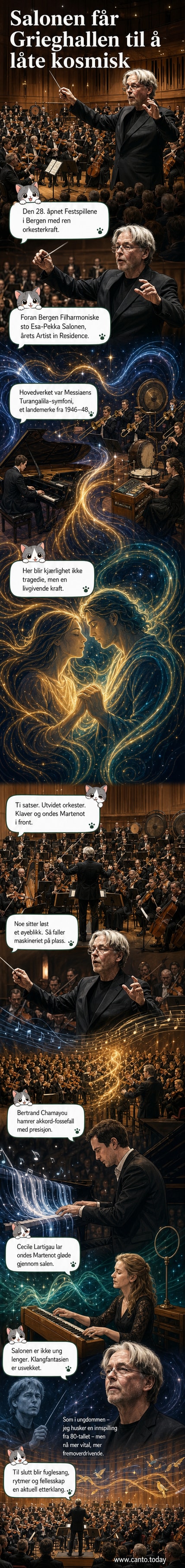 Dirigent Esa-Pekka Salonen leder Bergen Filharmoniske Orkester i Grieghallen under opptakten til Messiaens 'Turangalîla-symfoni', med klaver og ondes Martenot synlig på scenen.