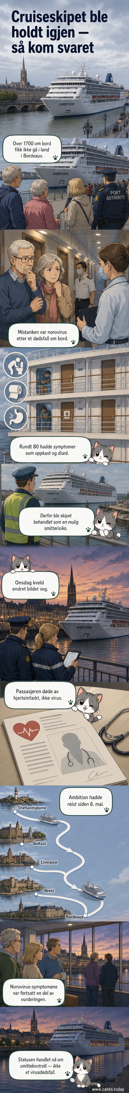 Illustrasjon av cruiseskipet «Ambition» som ligger til kai ved elven Garonne nær Bordeaux i Frankrike, med ambulanse og myndigheter om bord.