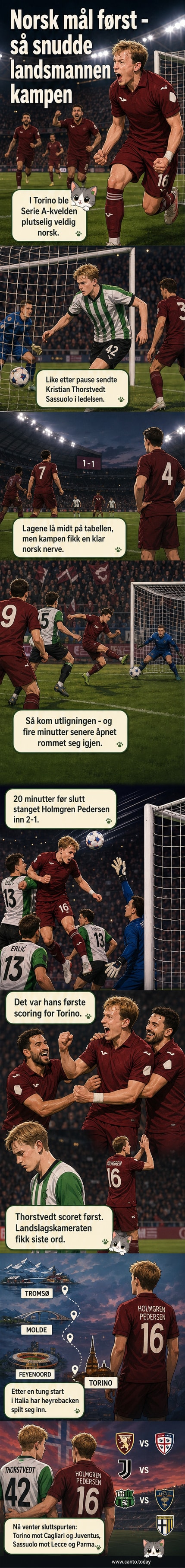 To norske fotballspillere på motstående lag i Serie A – Marcus Holmgren Pedersen og Kristian Thorstvedt – i aksjon under en kamp der Torino slo Sassuolo 2–1.
