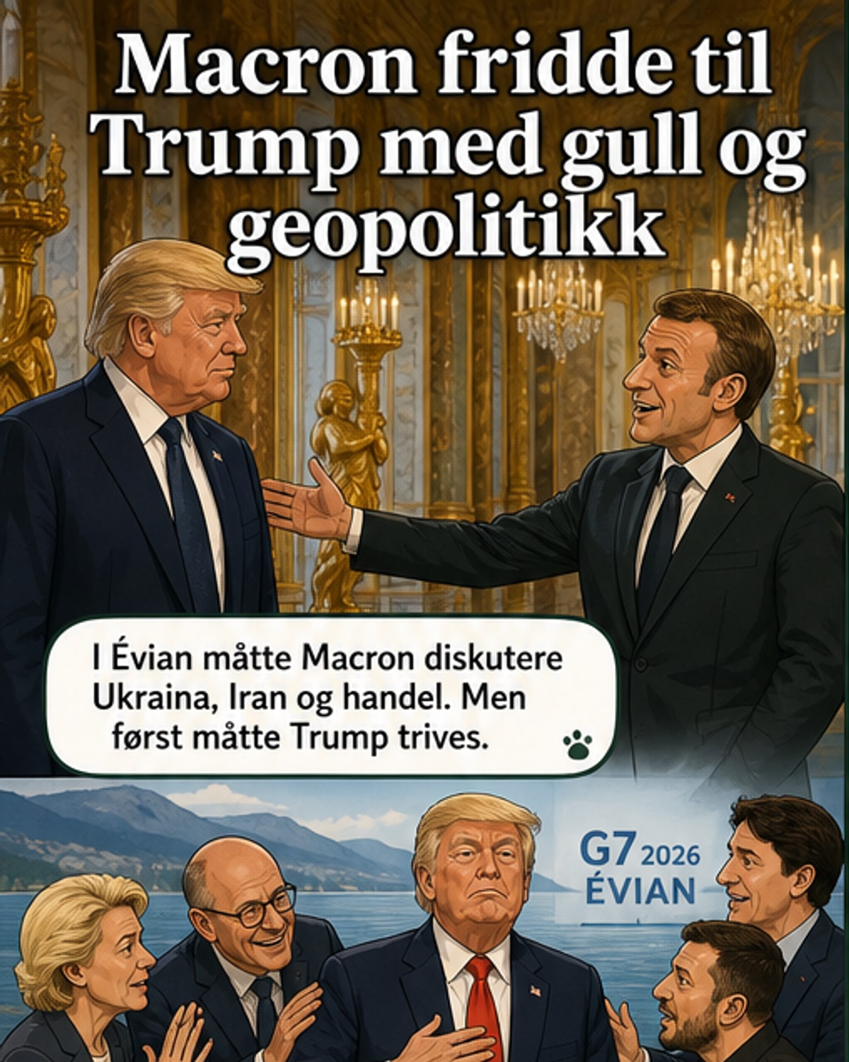Verdensledere, inkludert Donald Trump og Emmanuel Macron, står sammen under et offisielt bilde fra G7-toppmøtet i Évian, omgitt av vakker natur og luksusbygninger.