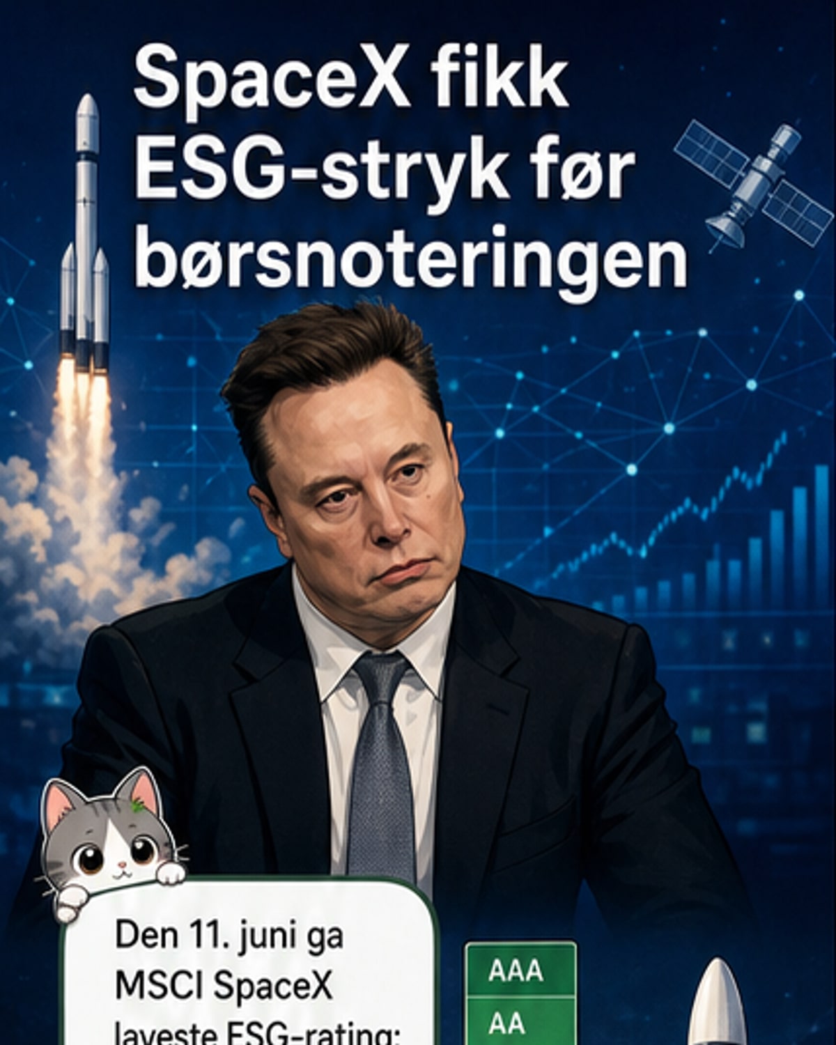 Illustrasjon av en SpaceX-rakett med et stort rødt nedover-pil-symbol og et varsel-flagg, bakgrunnen har en grålig, dystre tone.