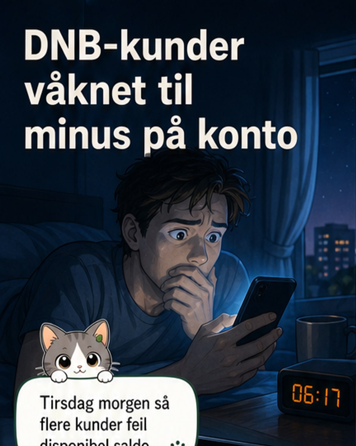 Illustrasjon av en mobilbank-app med feilaktig minus-saldo på konto, omgitt av forundrede og stressede kunder.