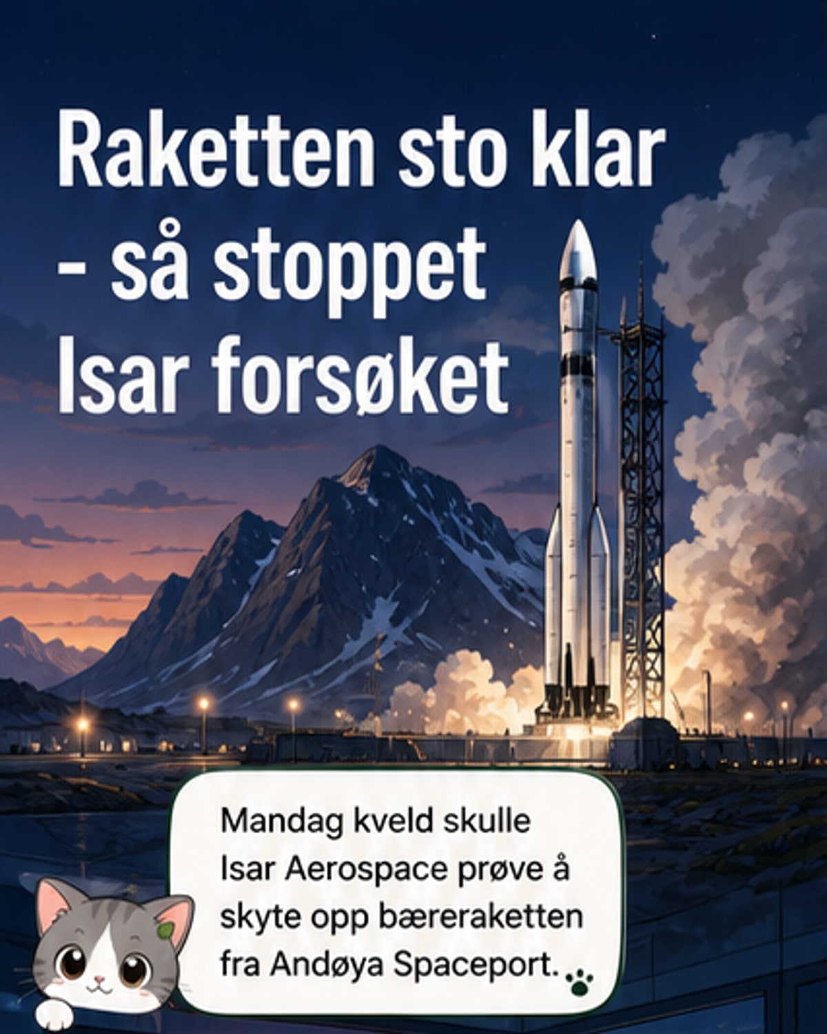 Illustrasjon av en liten rakettsystem på bakken ved Andøya Spaceport med teknikere og kontrollpaneler i bakgrunnen, under gråvær.