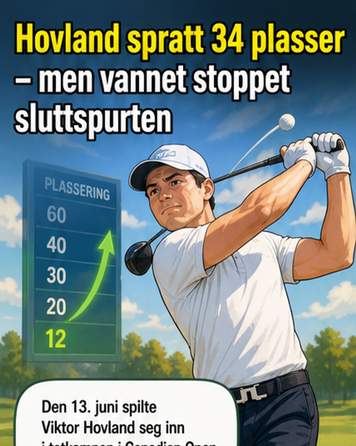 Viktor Hovland står på golfbanen under Canadian Open, ser alvorlig ut mens han holder i ketsjeren etter en mislykket putt.